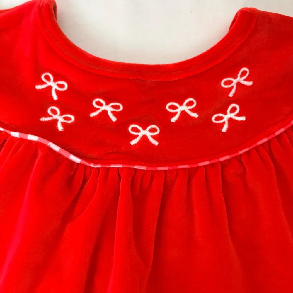 Abby & Evie Girls Red Velvet Bow Embroidered Babydoll Holiday Dress‎ Size 8